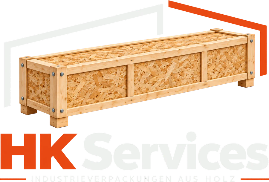 Logo HK Services mit Transportkiste aus Holz